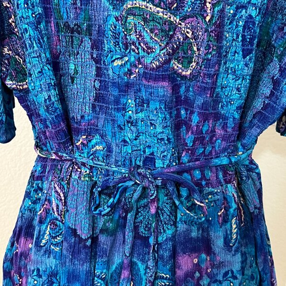 Vintage MORE JAZZ Women's Midi Dress Blue Smocked Short Sleeve Size 1X - Picture 4 of 10